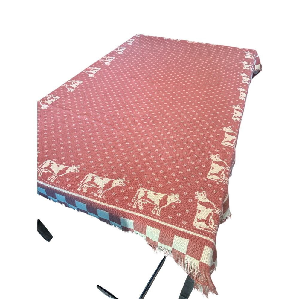Vintage Cottagecore Farmhouse cow Woven Throw Blanket pink w Fringe 62” x 45”